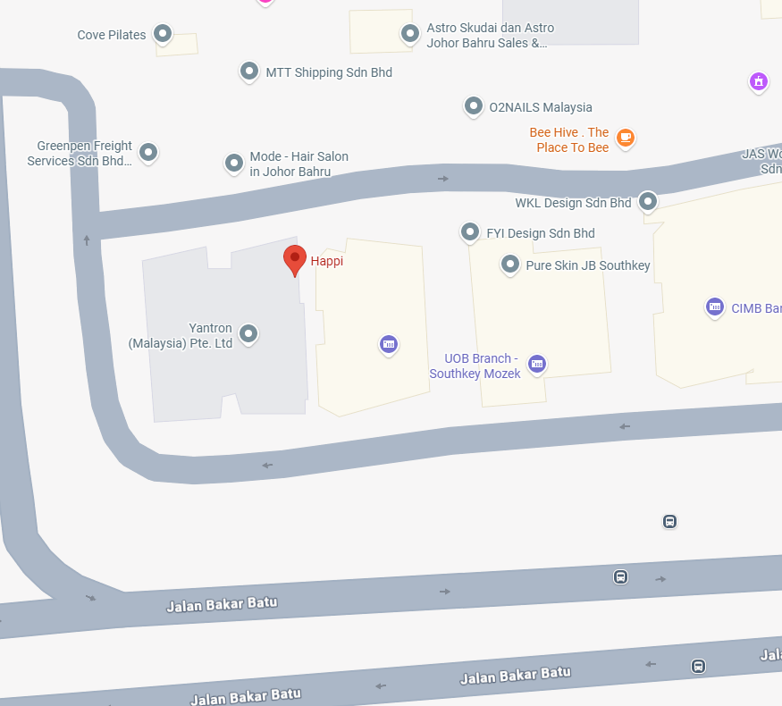 Map showing HAPPI main office in Southkey, Johor Bahru